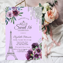 Convite Torre Eiffel, Gotas, Flores Roxas Sweet 16