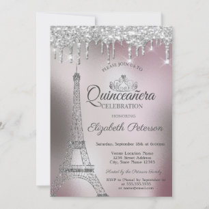 Convite Torre Eiffel, gotejamento metálico rosa dourado Qu