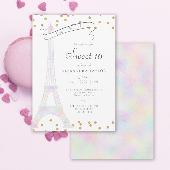 Convite Torre Eiffel Iridescente Paris Dourada Chic Sweet  (paris eiffel sweet 16 invitation modern elegant minimalist gold confetti holographic rainbow ooh la)