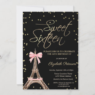 Convite Torre Eiffel Laço Dourado Diamantes Preto Doze Ano