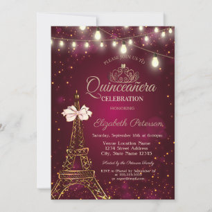 Convite Torre Eiffel, Laço, Luzes de Tiara Vermelhas Quinc