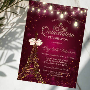 Convite Torre Eiffel, Laço, Luzes de Tiara Vermelhas Quinc