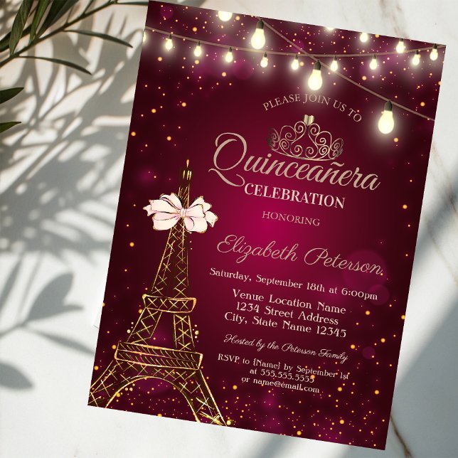 Convite Torre Eiffel, Laço, Luzes de Tiara Vermelhas Quinc (Criador carregado)