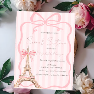 Convite Torre Eiffel Laço Rosa Listras Rosadas Sweet 16