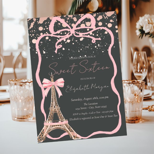 Convite Torre Eiffel Laço Rosa Pontos Cinza Sweet 16 (Criador carregado)