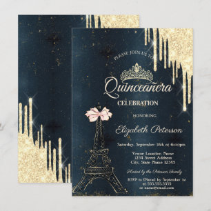 Convite Torre Eiffel Laço Rosa Tiara, Gotejamento Azul Qui