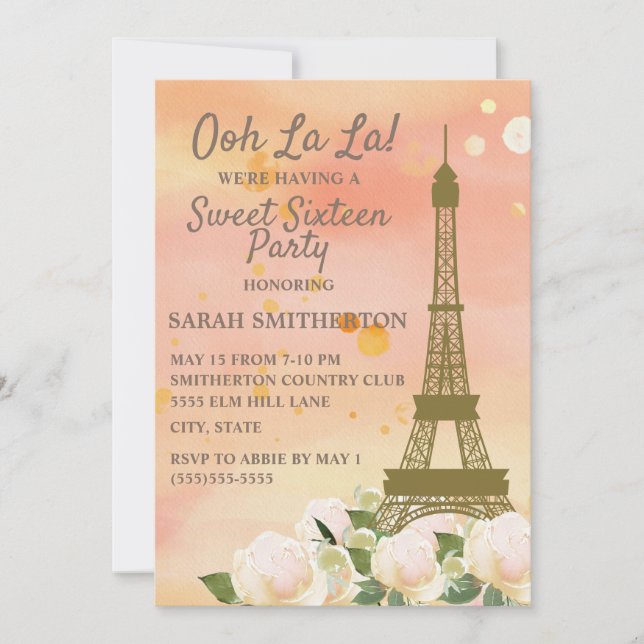 Convite Torre Eiffel Laranja Rosa Branco Floral Sweet 16 (Frente)