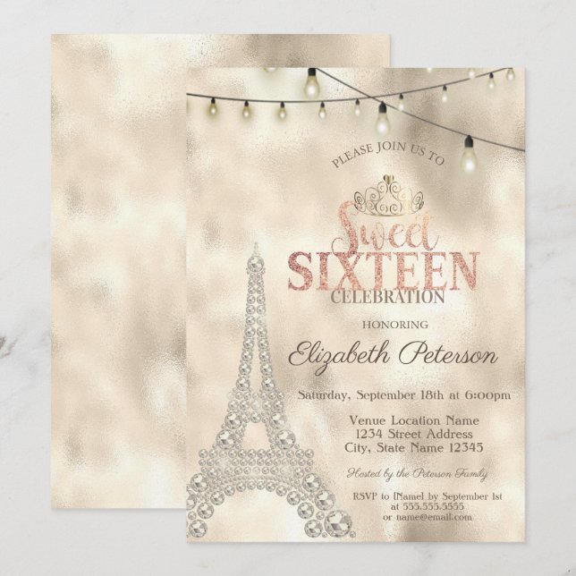 Convite Torre Eiffel, Luzes Douradas Tiara Sweet 16 (Frente/Verso)