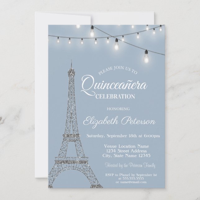 Convite Torre Eiffel, Luzes Dusty Blue Quinceañera (Frente)
