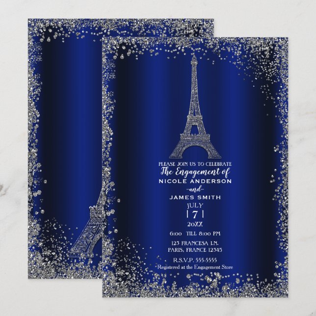 Convite Torre Eiffel Noiva Azul Royal com Brilho Prata (Frente/Verso)
