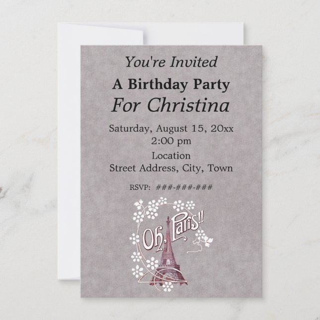 Convite Torre Eiffel Oh Paris França Aniversário Flor Bran (Frente)