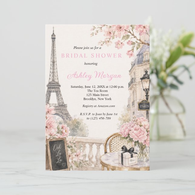 Convite Torre Eiffel Paris Flores Rosa Chá de Noiva (Em pé/Frente)