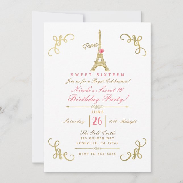 Convite Torre Eiffel Paris Ouro Rosa Pink Festa Sweet 16 (Frente)