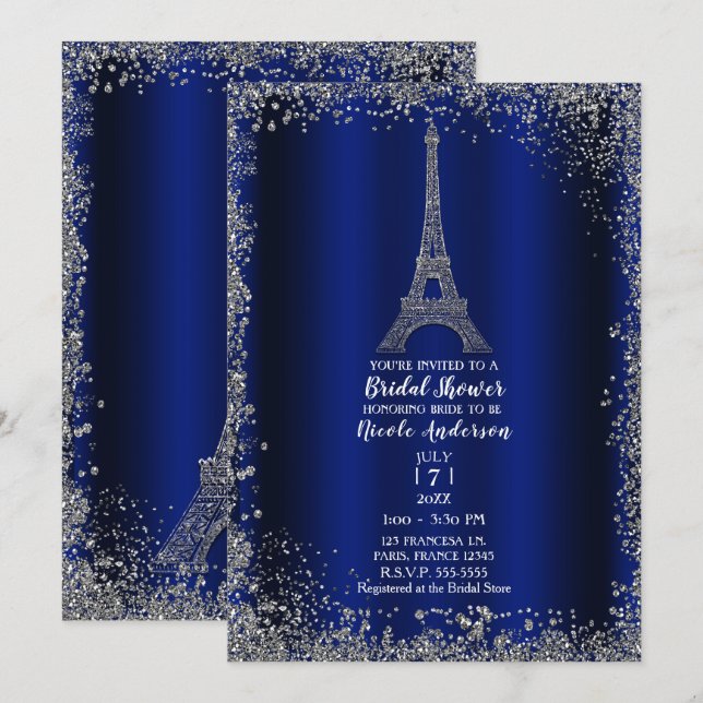 Convite Torre Eiffel Prata Azul Real Chique Chá de Noiva (Frente/Verso)