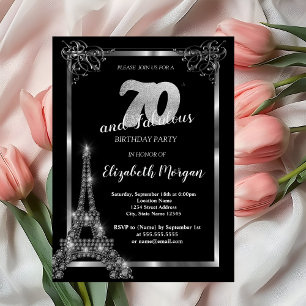 Convite Torre Eiffel Prata, Borda Preta Aniversário de 70