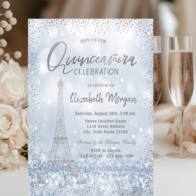 Convite Torre Eiffel Prata Confetes Bokeh Quinceañera (Criador carregado)