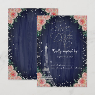 Convite Torre Eiffel Prata Diamantes Floral RSVP 