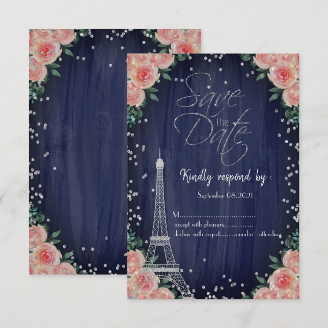 Convite Torre Eiffel Prata Diamantes Floral RSVP  (Frente/Verso)