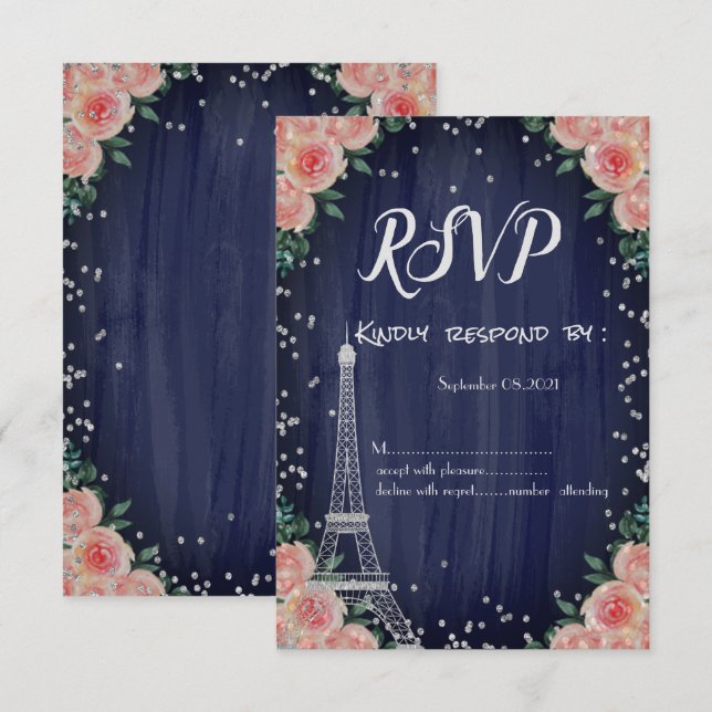 Convite Torre Eiffel Prata Diamantes Flores RSVP (Frente/Verso)