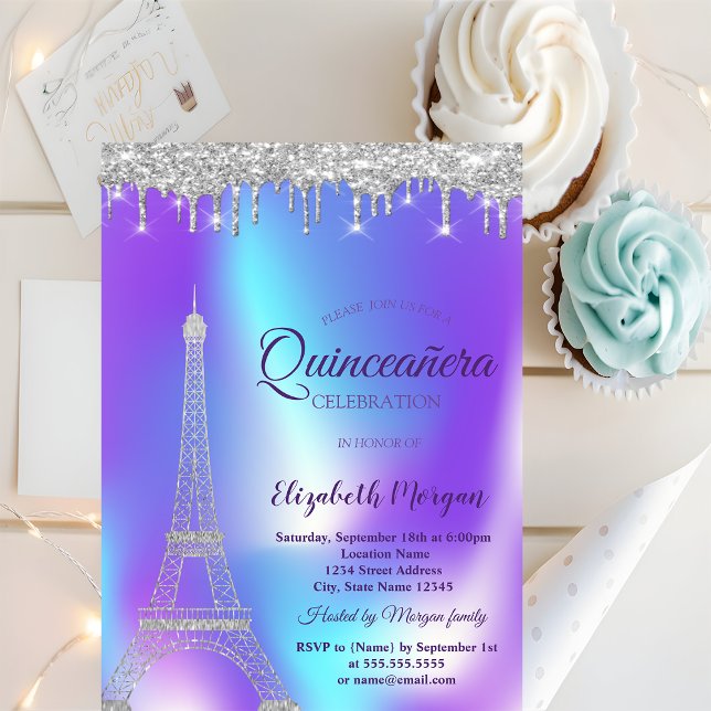 Convite Torre Eiffel Prateada,Coloca Quinceañera Holográfi (Criador carregado)