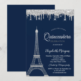 Convite Torre Eiffel Prateada com Brilho, Gotas para Quinc