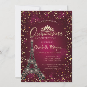 Convite Torre Eiffel preta,Quinze anos de diamantes bordô