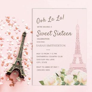 Convite Torre Eiffel Rosa Bege Branco Floral Sweet 16
