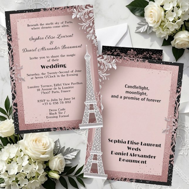 Convite Torre Eiffel Rosa Bege Casamento em Paris Destino  (Blush Pink Eiffel Tower Destination Paris Wedding Invitation)