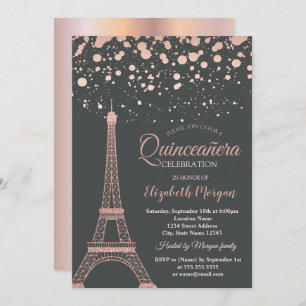 Convite Torre Eiffel, rosa Dourada, Dots Quinceañera