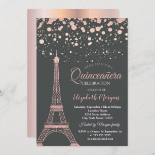 Convite Torre Eiffel, rosa Dourada, Dots Quinceañera