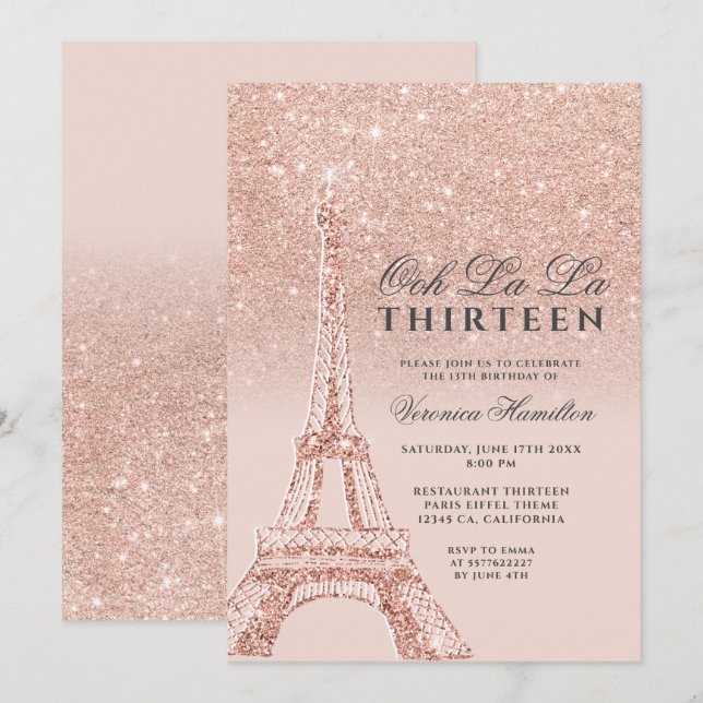 Convite Torre Eiffel rosa dourado brilho rosa chic treze (Frente/Verso)