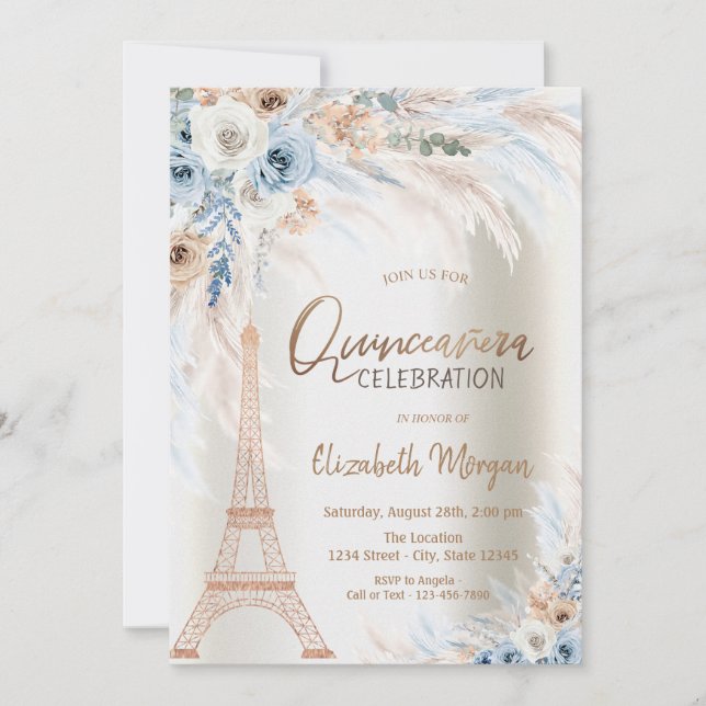 Convite Torre Eiffel Rosas Azuis Grama Pampas Quinceanera (Frente)