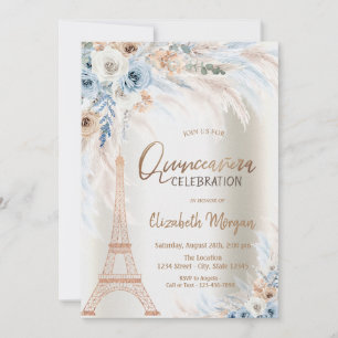 Convite Torre Eiffel Rosas Azuis Grama Pampas Quinceanera