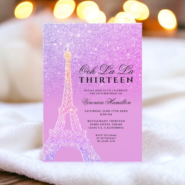 Convite torre Eiffel roxo brilho rosa chic treze (Eiffel tower purple glitter pink chic thirteen invitation)