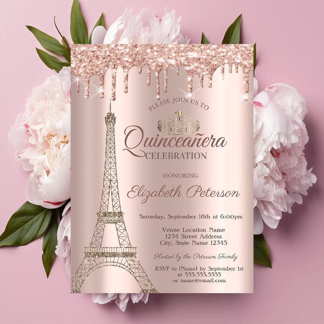 Convite Torre Eiffel, Tiara, Coloca Rosa Dourada Quinceañe (Criador carregado)