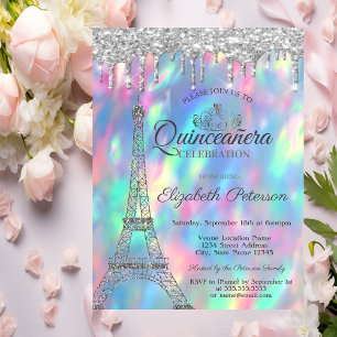 Convite Torre Eiffel,Tiara,Drips Holográfica Quinceañera