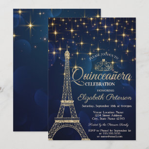 Convite Torre Eiffel,Tiara,Estrelas Azul Marinho Quinceañe