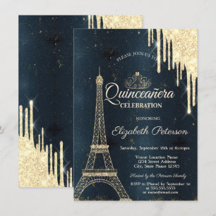 Convite Torre Eiffel,Tiara,Gotas de Azul Escuro Quinceañer