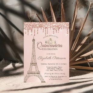 Convite Torre Eiffel, Tiara, Gotas de Rosa Dourada Quincea