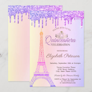 Convite Torre Eiffel,Tiara,Gotas Ombre Quinceañera