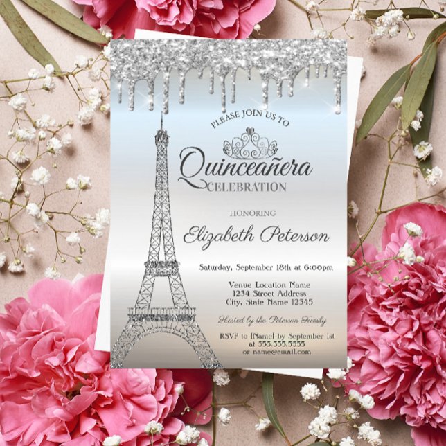 Convite Torre Eiffel,Tiara,Pingentes de Prata Quinceañera (Criador carregado)