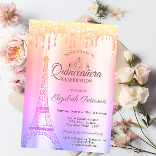 Convite Torre Eiffel,Tiara,Pingentes Ombre Quinceañera