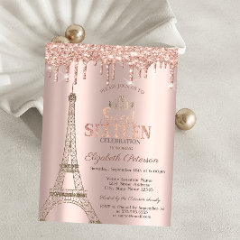 Convite Torre Eiffel,Tiara,Pingentes Rosa Dourado Sweet 16
