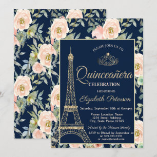 Convite Torre Eiffel,Tiara,Rosas Azul Marinho Quinceañera