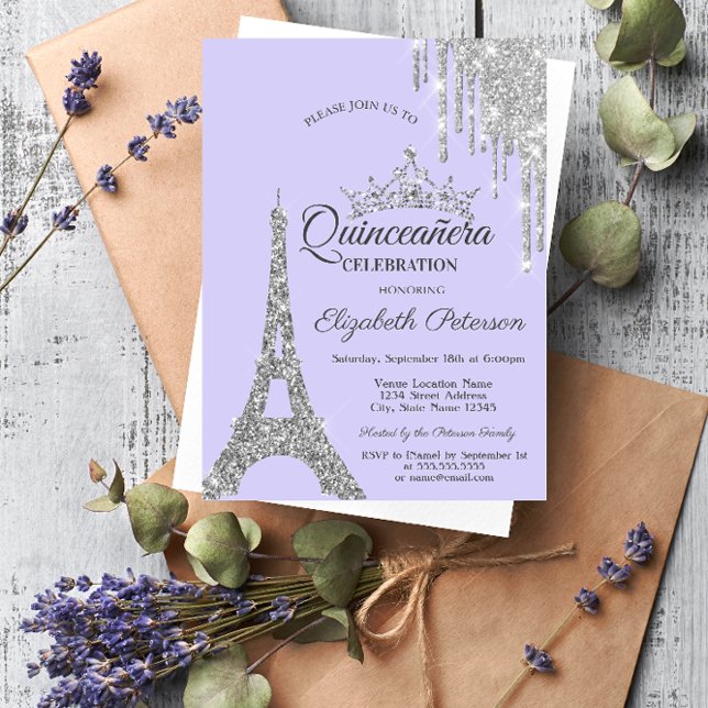 Convite Torre Eiffel,Tocando Gotas de Prata Lavanda Quinze (Criador carregado)