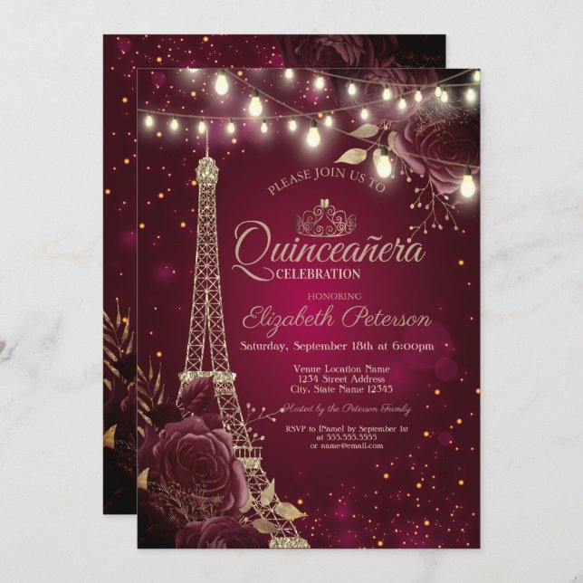Convite Torre Glitter Eiffel, Rosas Burgundy Quinceañera (Frente/Verso)