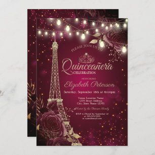 Convite Torre Glitter Eiffel, Rosas Burgundy Quinceañera