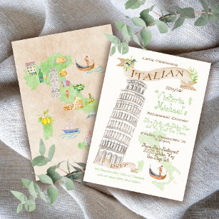 Convite Torre italiana de Pisa Watercolor Map