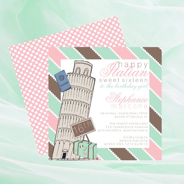 Convite Torre italiana Spumoni com limpeza Doce 16 Anivers (Italian Spumoni Leaning Tower of Pisa Sweet 16 Travel Destination Birthday Invitation)
