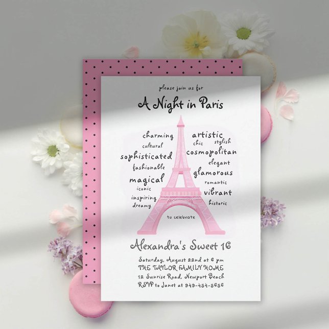Convite Torre Rosa Paris Eiffel Torre Palavra Cloud Sweet  (night in paris sweet 16 party theme invitation word cloud typography calligraphy pink white black )